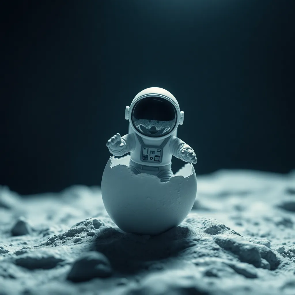 "a tiny astronaut hatching from an egg on the moon..."