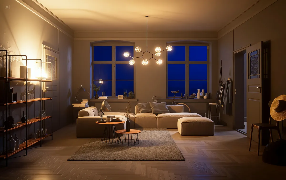 "A modern living room with lights on the wall..."